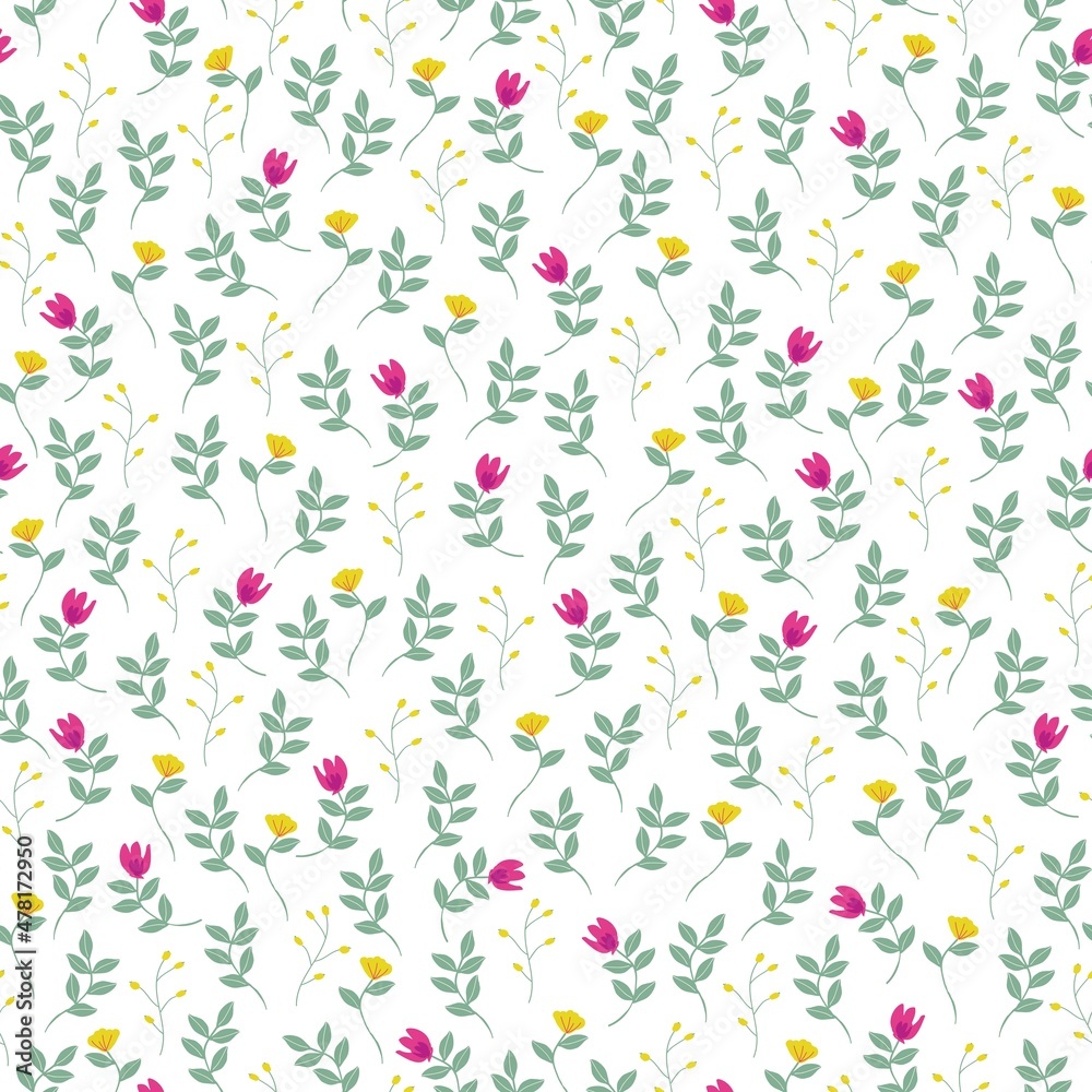 Beautiful vintage floral pattern. Small pink and yellow flowers, green leaves. White background. Floral seamless background. An elegant template for fashionable prints.