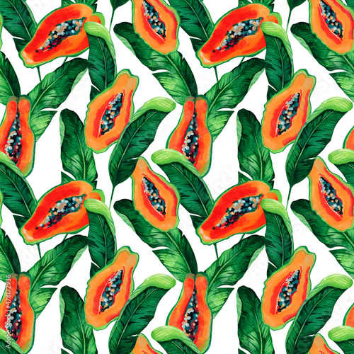 Watercolor seamless pattern with juicy papaya on white background.