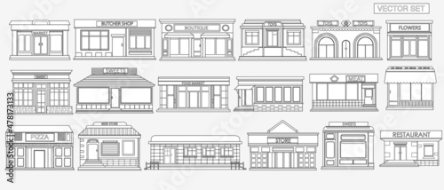Set of city buildings on a light gray background. Building icons. Outline style.Set of icons of markets, grocery stores, restaurants, cafes, pizzerias and other city buildings