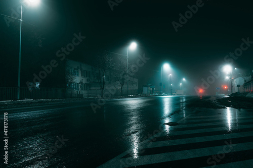 Night street at night in fog, winter