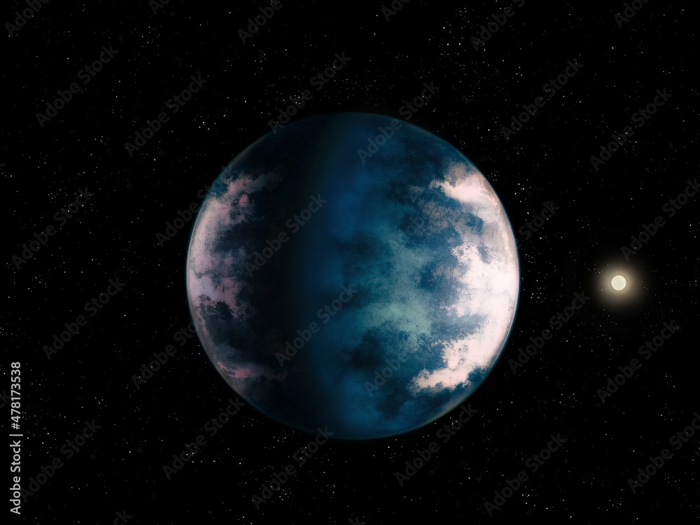 Fototapeta premium Mysterious exoplanet in outer space with stars. Distant planet with its own star. 