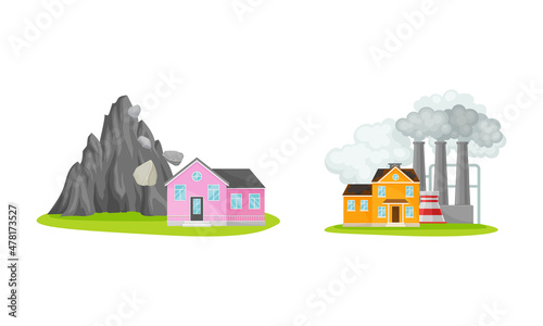 Natural Cataclysms with Smoke Plant Emission and Landslide Vector Set