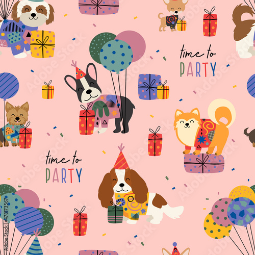  birthday seamless pattern with cute dogs and gifts