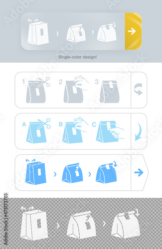 Self-adhesive label for opening and closing packaging. The illustration is made in a single colorful style  for maximum printing efficiency. Ideal for use in printing  promo  packaging. EPS10.