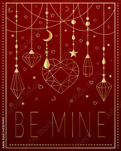 Be mine. Greeting card for Valentine's Day, wedding, declaration of love. Gold jewelry on red background.