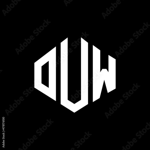 OUW letter logo design with polygon shape. OUW polygon and cube shape logo design. OUW hexagon vector logo template white and black colors. OUW monogram  business and real estate logo.