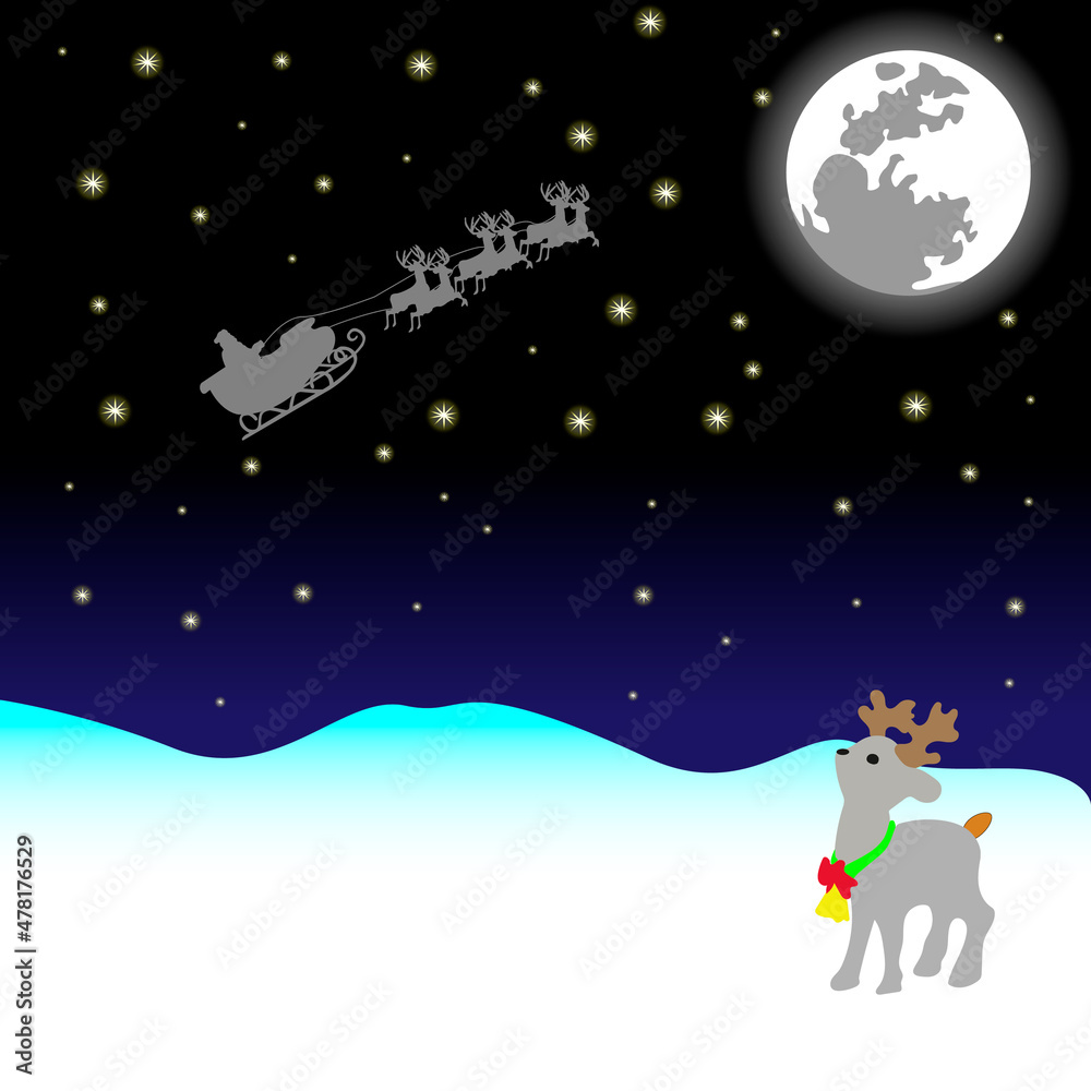 Fototapeta premium New Year 2022 Santa Claus in a sleigh with reindeer flies to the moon Christmas