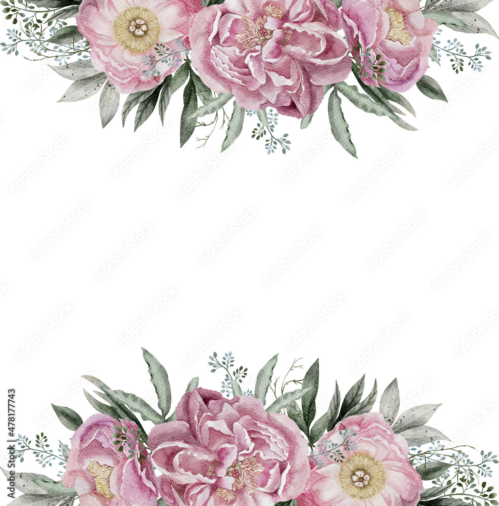 Summer rustic peony border, Pink roses Frame, Greenery watercolor ...