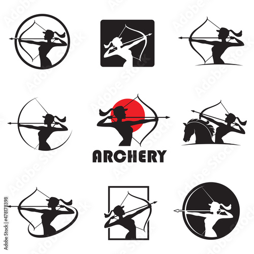 emblem collection of archering girl with bow and arrow isolated on white background