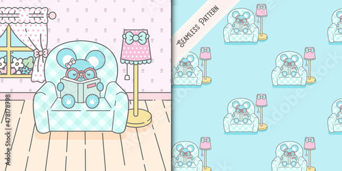 little kawaii mouse reading and seamless pattern