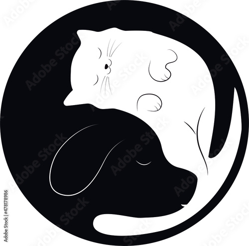 cat and dog yin yang symbol in black and white color simple vector figure, pet care, dog and cat protection, animal shelter