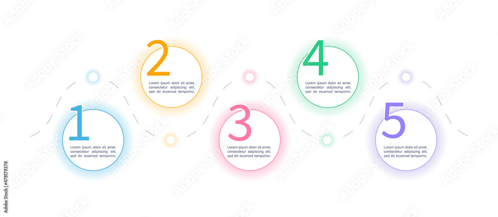 Fototapeta premium 5 steps infographic design template with glow and luminescence. Path between circles