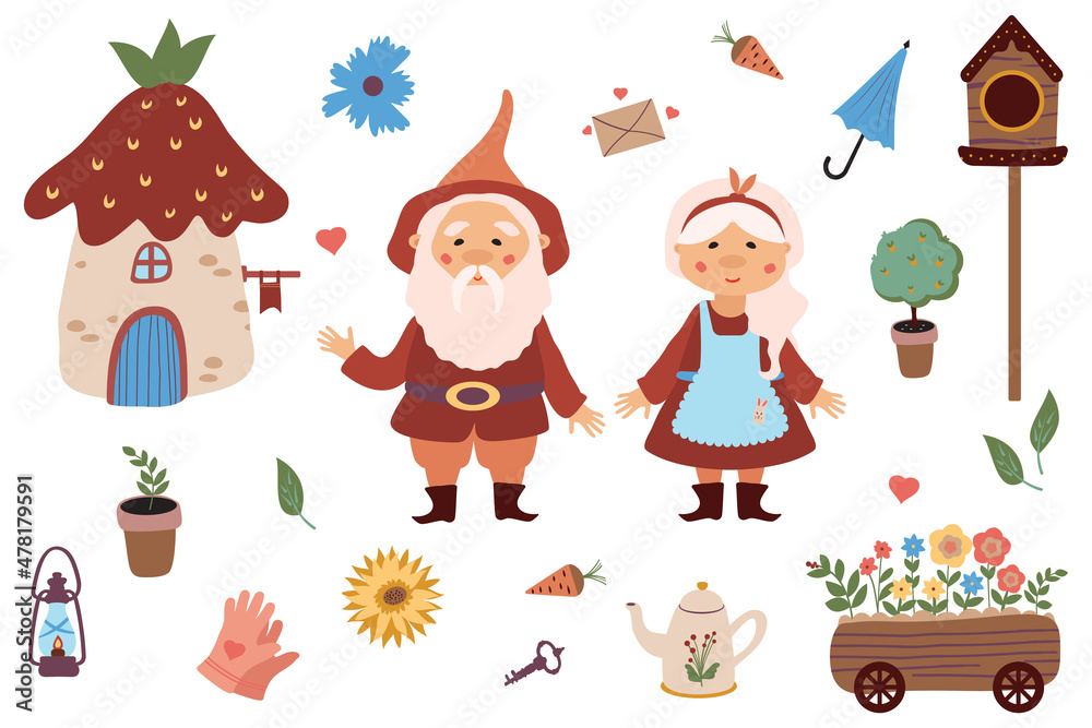 Naklejka premium Grandparents are garden gnomes. Bundle a set with forest objects: a cart with flowers, a birdhouse, a watering can, gloves, etc. Illustration in cartoon style
