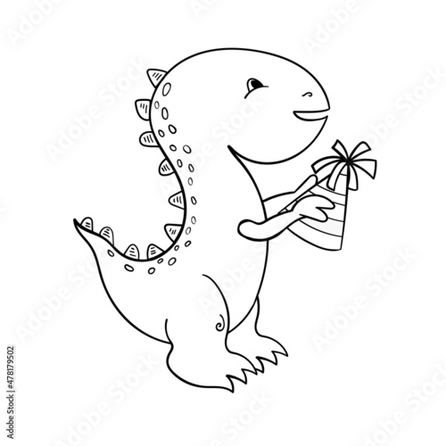 Dinosaurs Coloring art. Baby Dino holds festival hat illustration cartoon style Page or Book for Kids and Adults