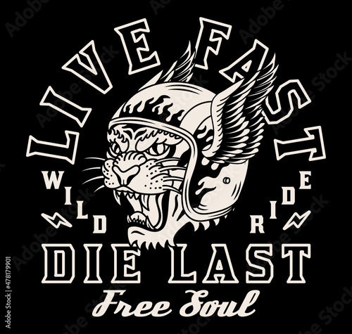 Tiger with Helmet Illustration with A Slogan Artwork on Black Background for Apparel or Other Uses 