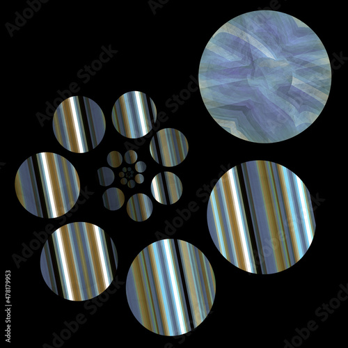 Striped circles, in different sizes, are arranged in a spiral and create a pattern on a black background. Graphic design element. Abstract fractal background. 3d illustration. 3d rendering. photo