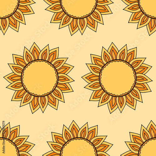 Seamless pattern background with stylized sun icon for Shrovetide or Maslenitsa rusian holiday. Folklore art, traditional symbol backdrop for Pancake week.