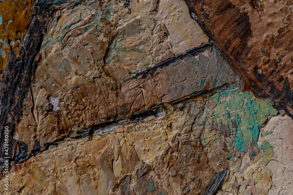 Fototapeta premium Abstract background closeup of a painting with brushstrokes. Rough art paint smear. Large multicolor spots of brush strokes and palette knife on the canvas
