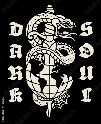 Snake Around Dagger Tattoo Style Illustration with A Slogan Artwork on Black Background for Apparel or Other Uses
