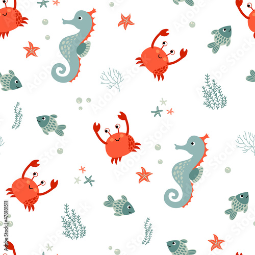 Seamless pattern with seahorse and crab. Hand-drawn style. Design for decorating a nursery. 