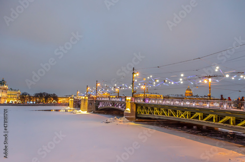 SAINT PETERSBURG, Russia-January 2022: New Year's Petersburg. View of the Palace Bridge 