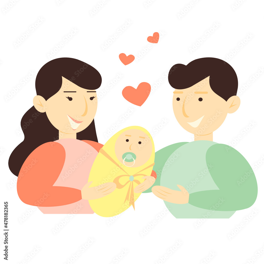 Vector illustration of a young family with a baby in her arms. Discharging from maternity hospital. Family. Husband and wife with a child. Vector illustration of a young family with a baby in her arms. Discharging from maternity hospital. Family. Husband and wife with a child.