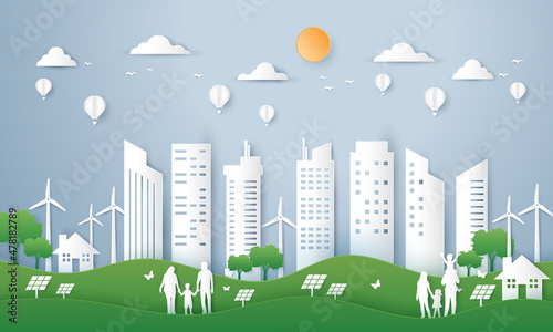 ecology cityscape paper art craft style on green background. save earth day and world environment. family in urban green city. vector illustration in origami.