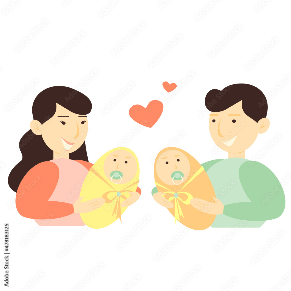 Vector illustration of a young family with children in their arms. Brunettes with children. Newborns. Twins. Vector illustration of a young family with children in their arms. Brunettes with children. Newborns. Twins.