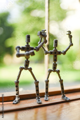robot in action, Stop-motion skeleton for animation, action figure with hands up