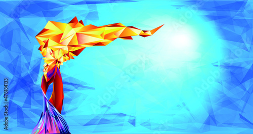 Torch, Flame. A hand from the Olympic ribbons holds the Cup with a torch on a blue background in a geometric triangle Olympic games, Beijing, Beijing 2022, XXIV Olympic Winter Games