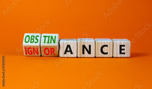 Obstinance or ignorance symbol. Turned wooden cubes and changed the word ignorance to obstinance. Beautiful orange table, orange background. Business, obstinance or ignorance concept. Copy space.