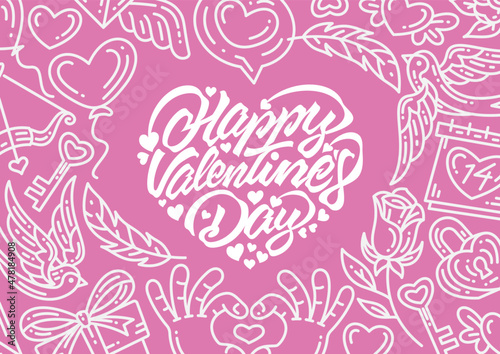 Happy valentines day text lettering heart shape with doodle frame valentine elements