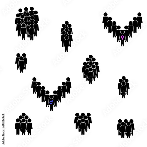 People crowd icons set in black color. Collection of group of persons vector icons in flat style. Employees, men, women, workers vector icon. Vector illustration.