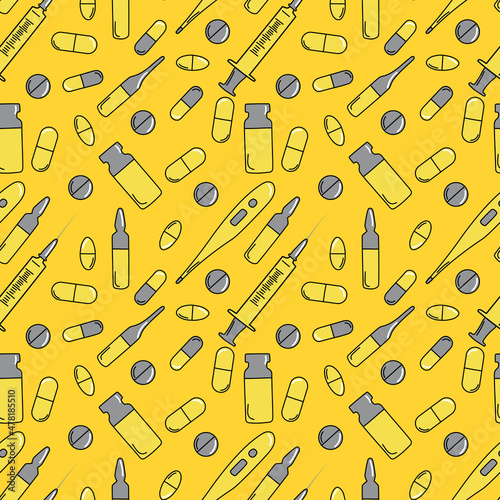 Yellow seamless patterns of tablets (pills), syringe, vaccines and thermometerand, pixels 1000x1000.