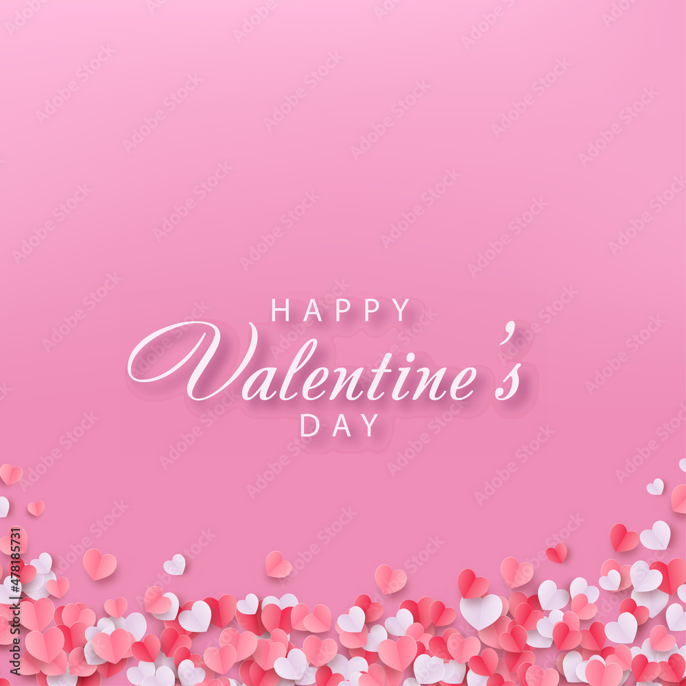 Happy Valentine's Day card with falling colorful hearts. Vector.