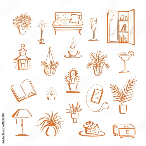 Home hygge, relax ambience with things for stay-at-home leisure and indoor lifestyle. Collection of cute doodle objects