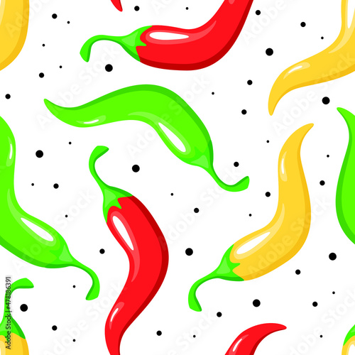 Colorful spicy chili pepper vegetables on white background seamless pattern. Vector illustration.