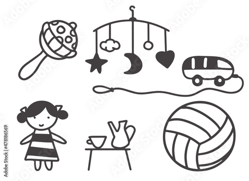 Mobile toy, Rattle, typewriter, doll and ball doodle icon. Vector line illustration hand drawn set. Kid graphic. 