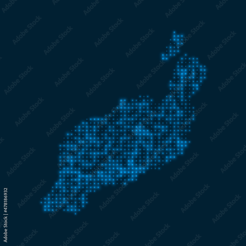 Lanzarote dotted glowing map. Shape of the island with blue bright bulbs. Vector illustration.