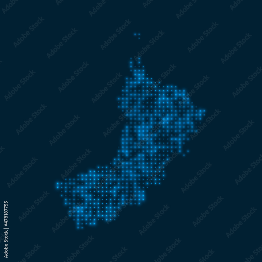 Oman dotted glowing map. Shape of the country with blue bright bulbs. Vector illustration.