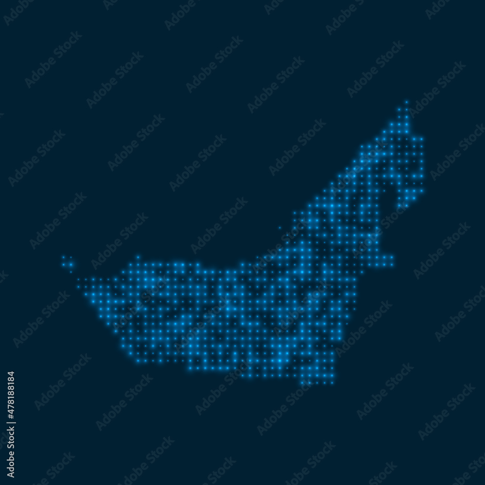 UAE dotted glowing map. Shape of the country with blue bright bulbs. Vector illustration.