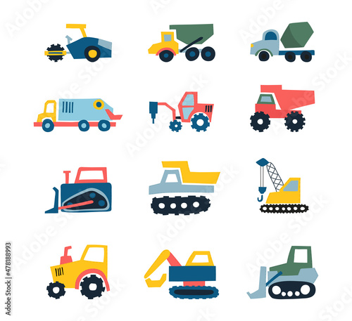 Set of Cute Construction trucks and cars. funny car for fabric, textile
