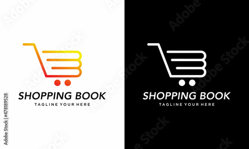 Bookstore logo consisting of books and baskets for bookstore, market, sales etc use. Vector Illustration. on a black and white background.