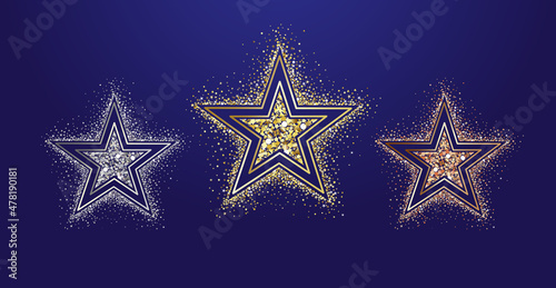 Set of star logotypes concept. Isolated abstract graphic design template. 1st  2nd and 3rd place symbols. Decorative arts banner. Celebrating shiny business signs  metallic dust with gradient effects.