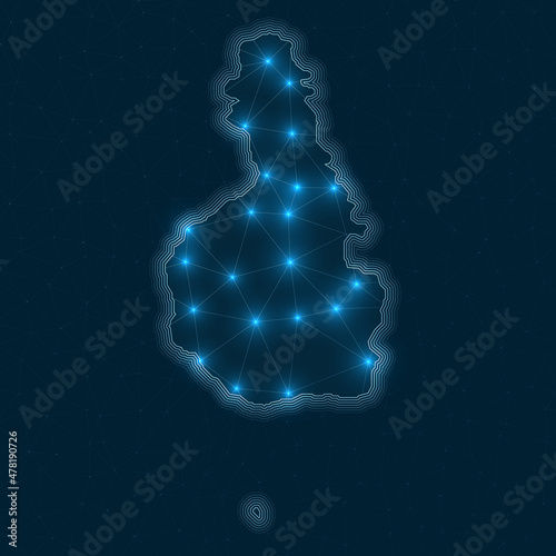 Tioman Island network map. Abstract geometric map of the island. Digital connections and telecommunication design. Glowing internet network. Modern vector illustration.