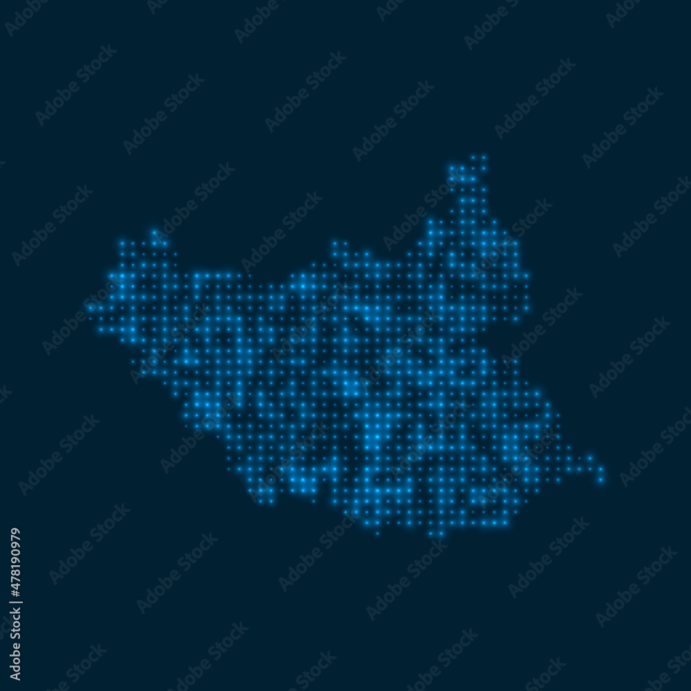 South Sudan dotted glowing map. Shape of the country with blue bright bulbs. Vector illustration.