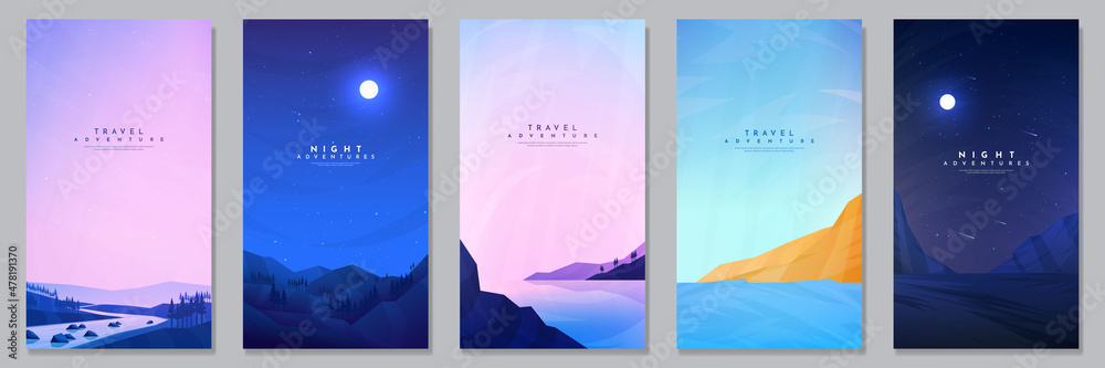 Vector illustration. Background with text. Minimalist flat landscape. Dark night scene, woods near water, coastline, mountains. Cloudy sky. Polygonal style. Design for gift voucher, coupon, wallpapers - obrazy, fototapety, plakaty 