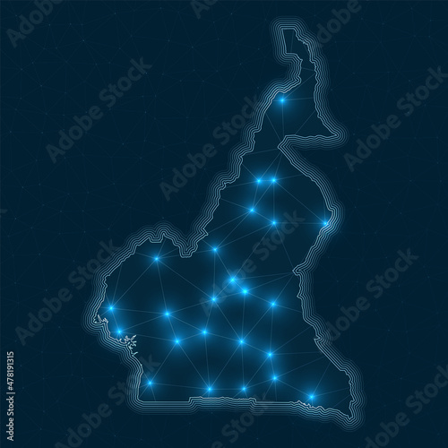 Cameroon network map. Abstract geometric map of the country. Digital connections and telecommunication design. Glowing internet network. Powerful vector illustration.