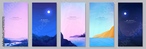 Vector illustration. Background with text. Minimalist flat landscape. Dark night scene, woods near water, coastline, mountains. Cloudy sky. Polygonal style. Design for gift voucher, coupon, wallpapers