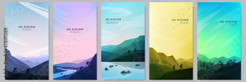 Vector illustration. Travel concept of discovering, exploring and observing nature. Hiking. Adventure tourism. Minimalist graphic flyers. Polygonal flat design for gift voucher, coupon, wallpapers